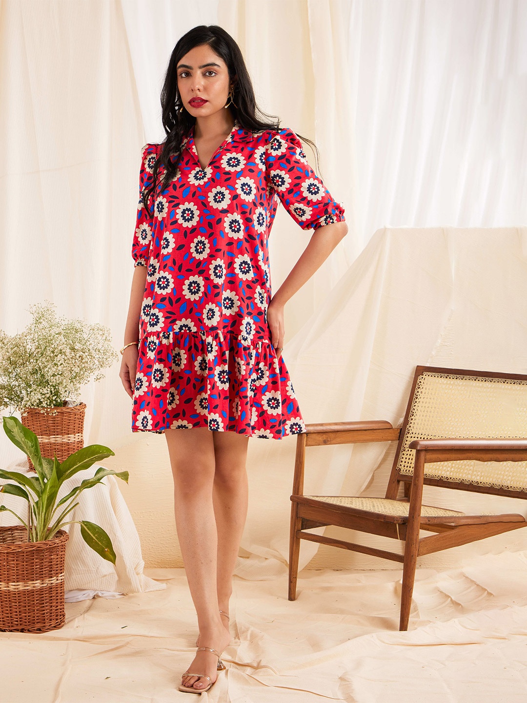 

Seryeon Floral Printed Puff Sleeve Drop-Waist Dress, Red