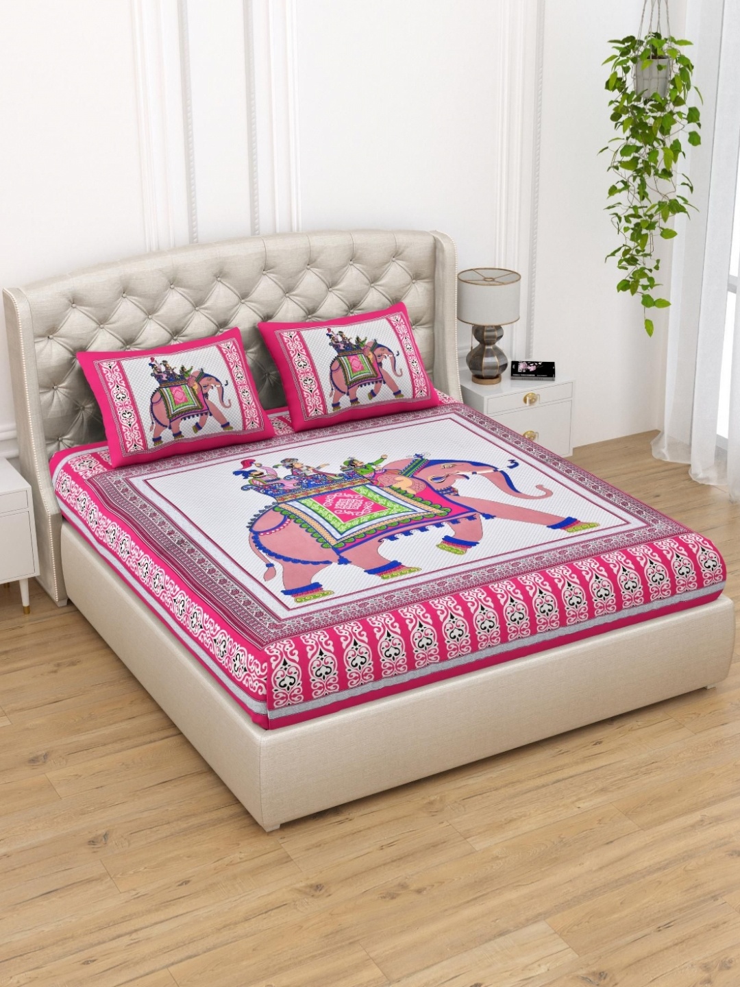 

Aura Pink & White Ethnic Motifs Printed Pure Cotton 120 TC Queen Bedsheet Set 2.35 x 2.15m