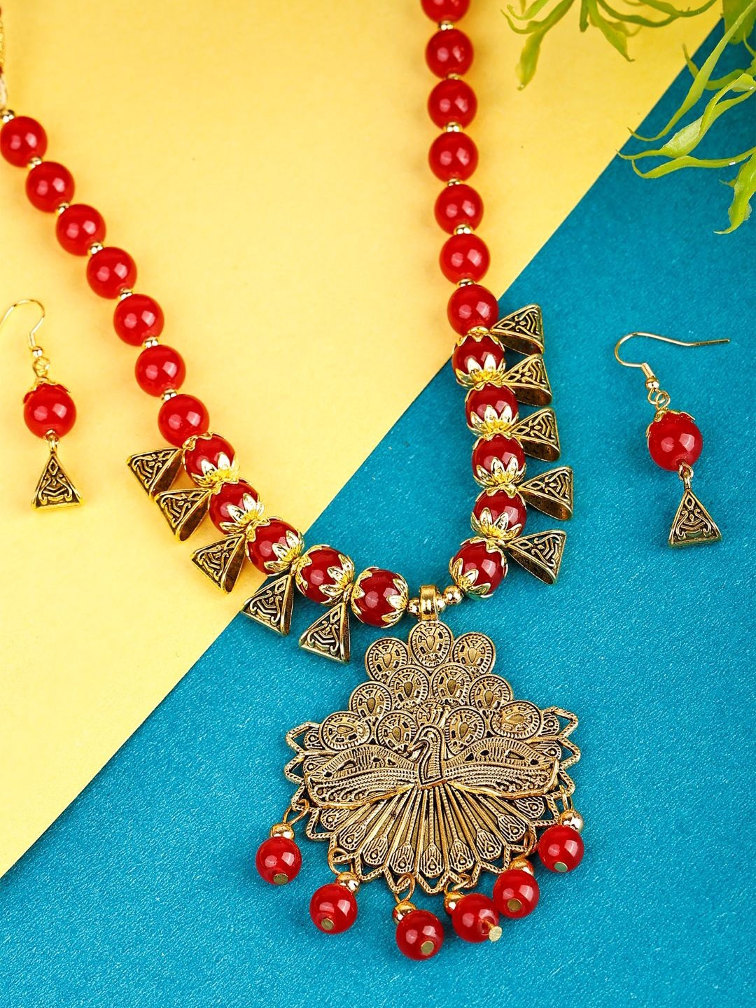 

SUNHARI Beaded Peacock Shaped Jewellery Set, Gold