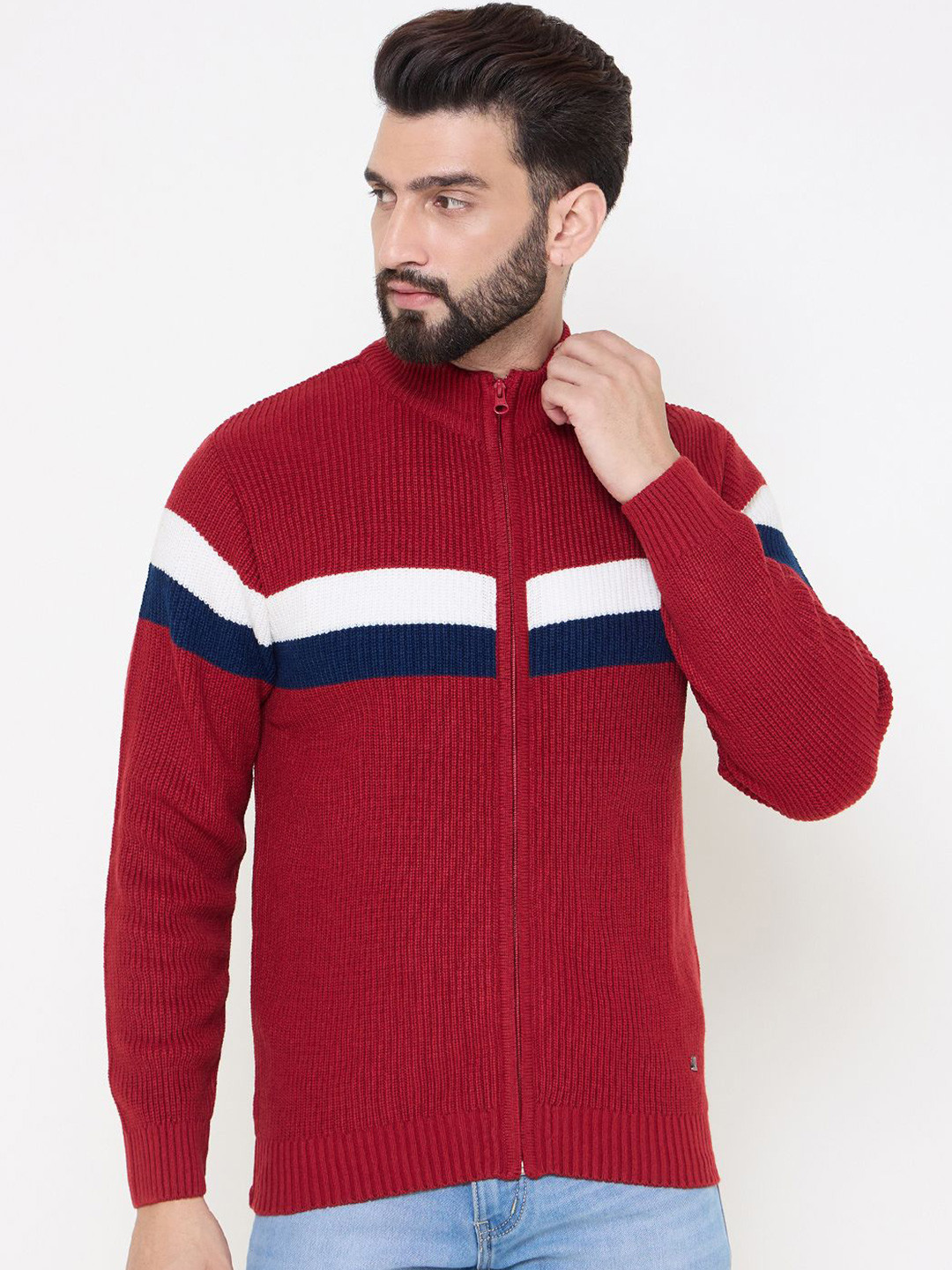 

Duke Men Colourblocked Long Sleeves Cardigan, Red