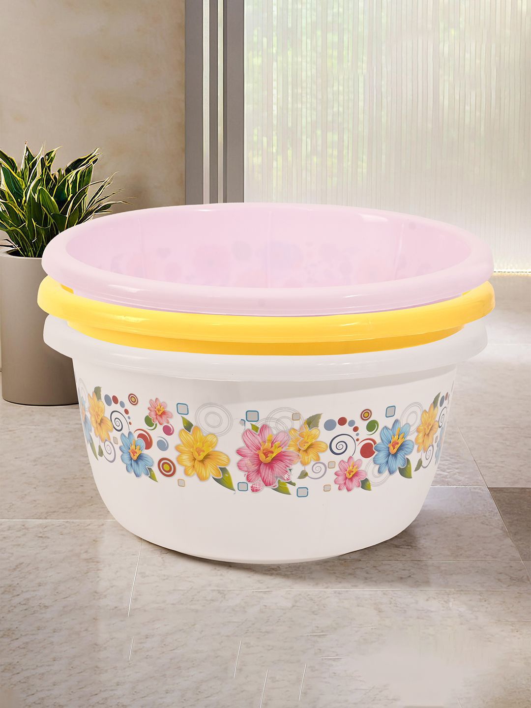 

Kuber Industries White & Pink 3 Pieces Floral Printed Bath Tubs 40 L Each