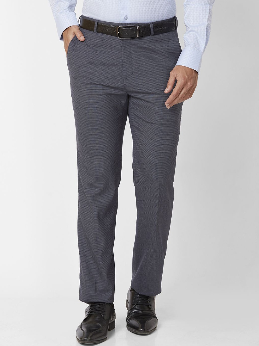 

Raymond Men Contemporary-Fit Checked Mid Rise Formal Trousers, Grey