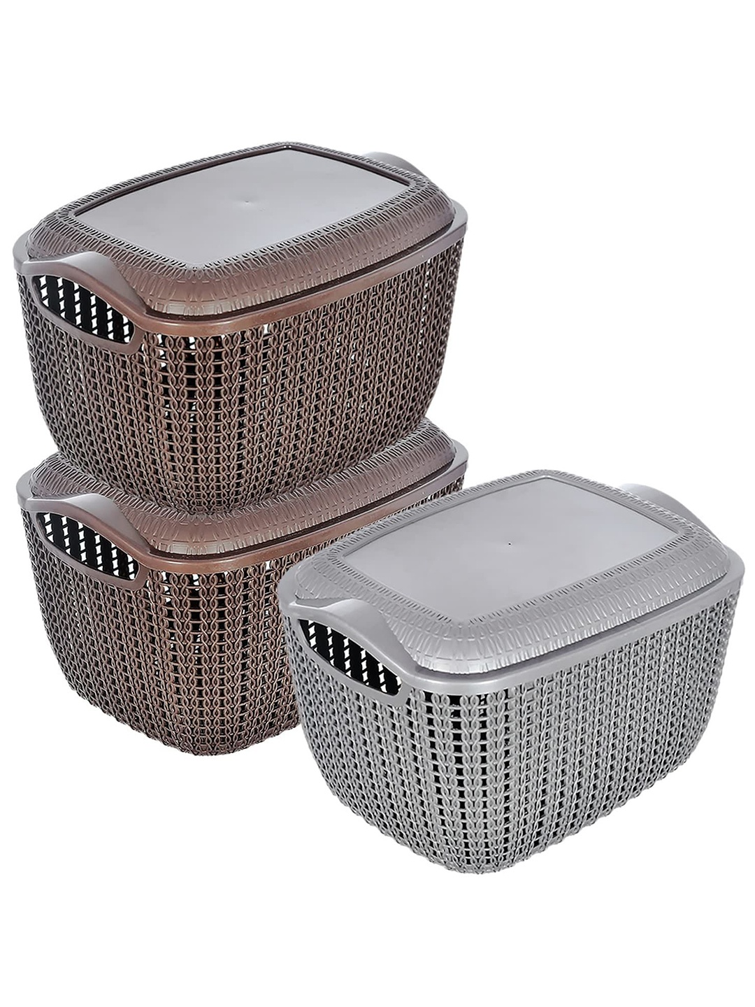 

Kuber Industries Brown & Grey 3 Pieces Basket Organizers With Lid