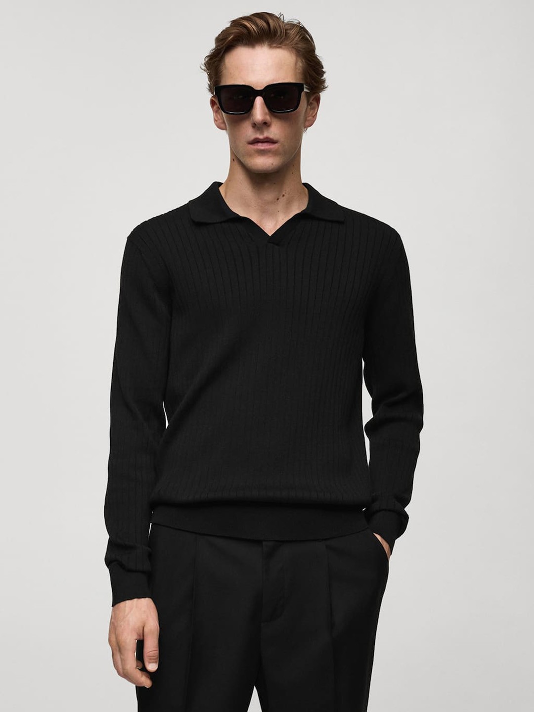 

MANGO MAN Pure Cotton Ribbed Pullover, Black