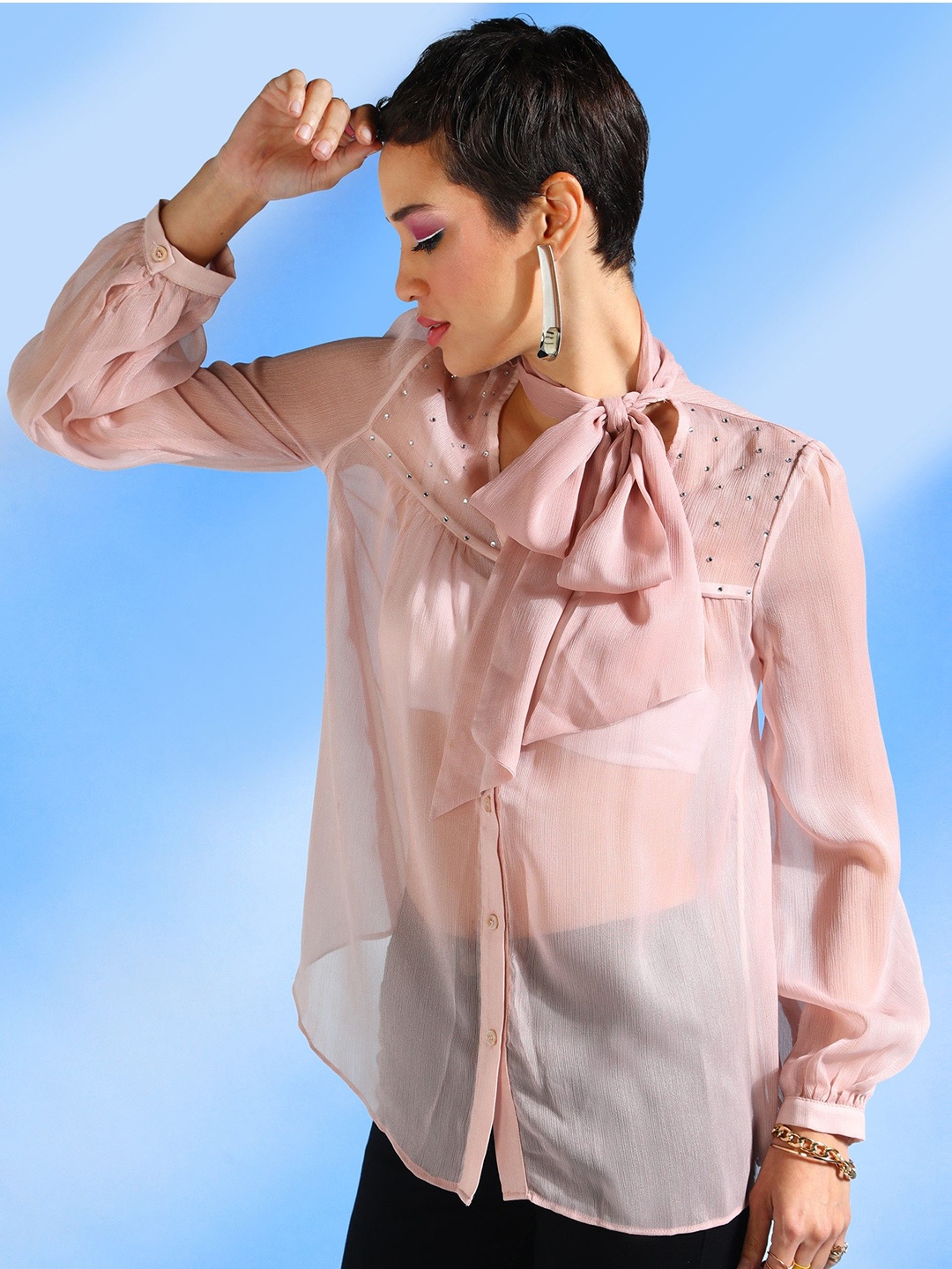 

SHECZZAR Women Tie-Up Neck Puff Sleeve Top, Pink