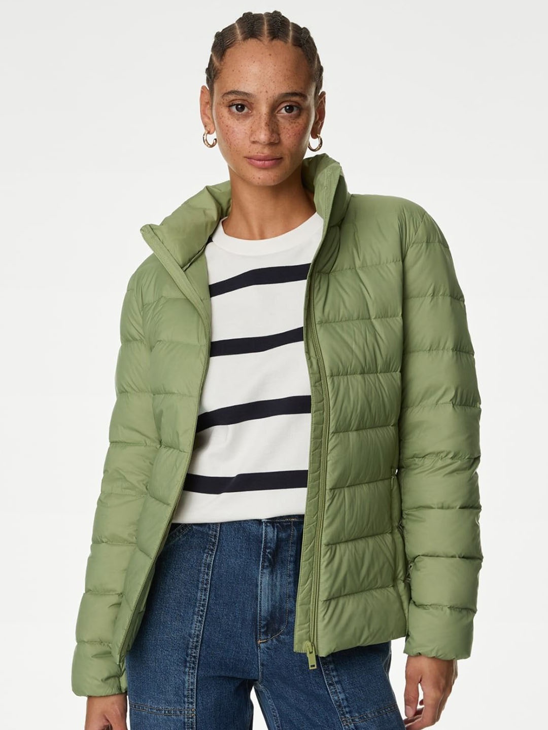 

Marks & Spencer Women Mock Collar Solid Casual Puffer Jacket, Olive