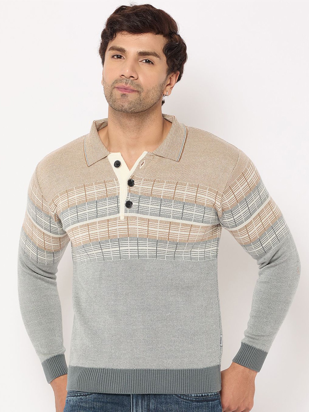 

Duke Men Striped Shirt Collar Pullover Sweater, Beige