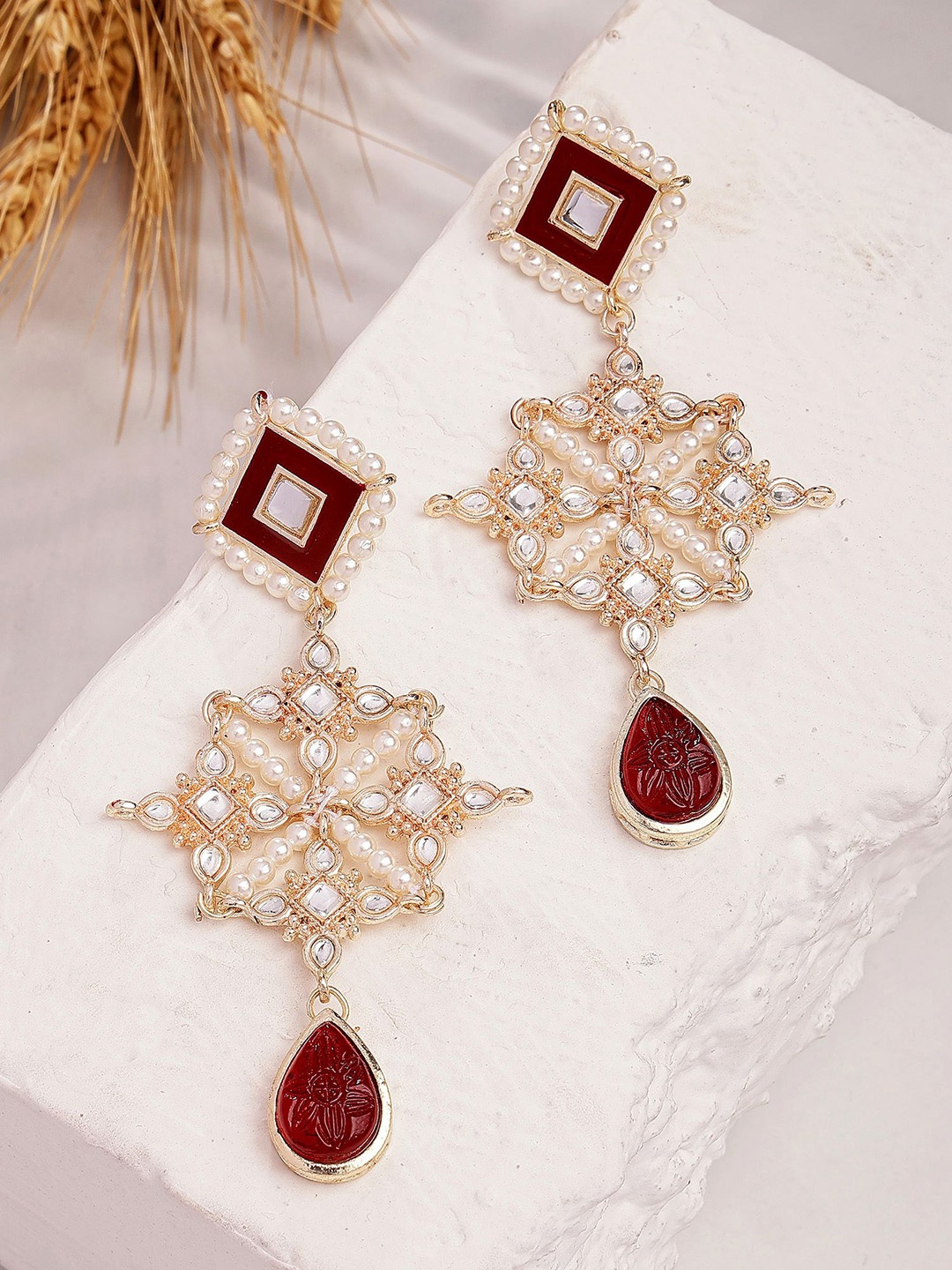 

KARATCART Gold-Plated Carved Kundan Stone Studded Floral Drop Earrings