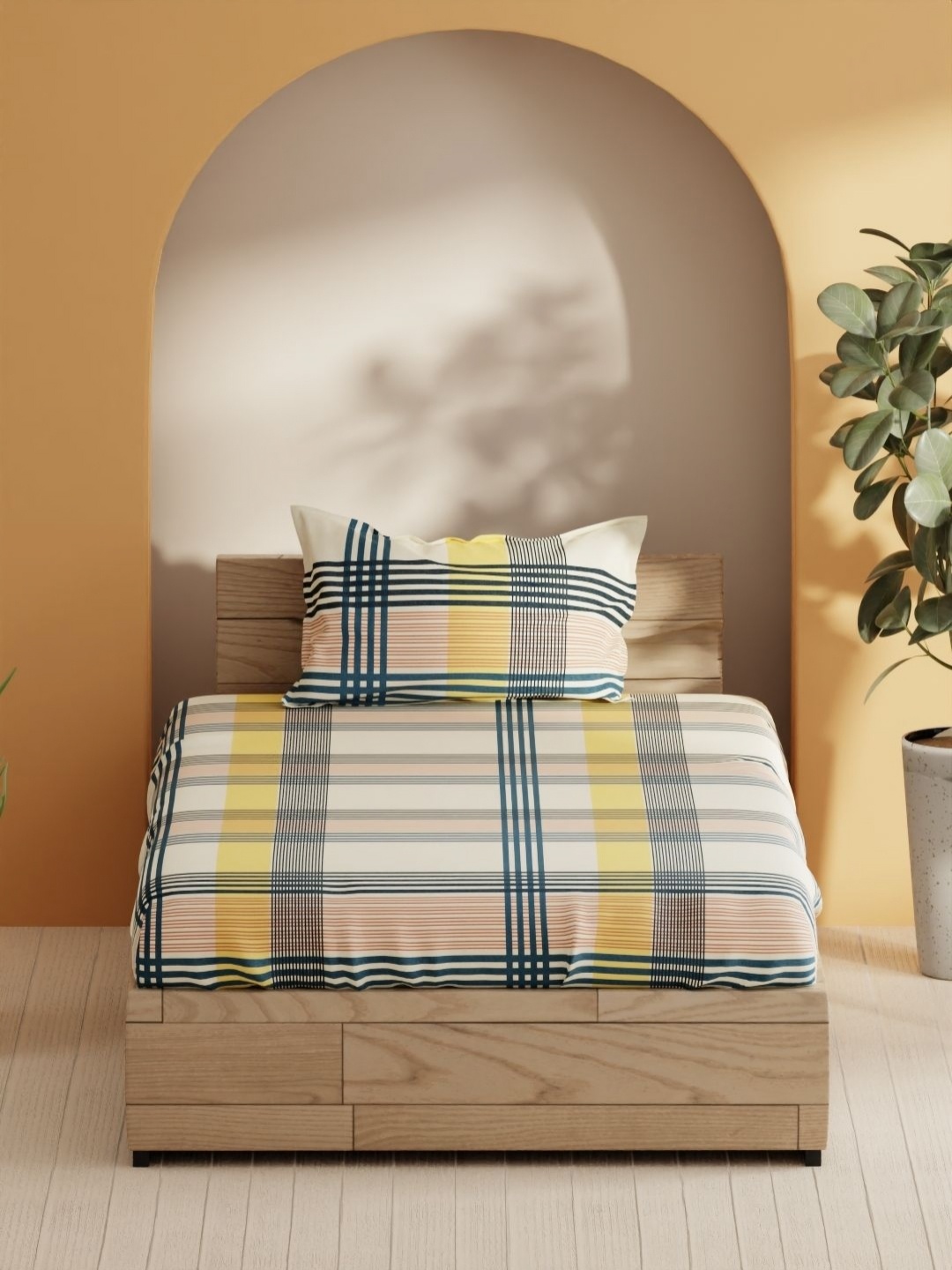 

BIANCA Sienna Yellow & Teal Checked Pure Cotton 144 TC Single Bedsheet Set 2.29 x 1.52 m