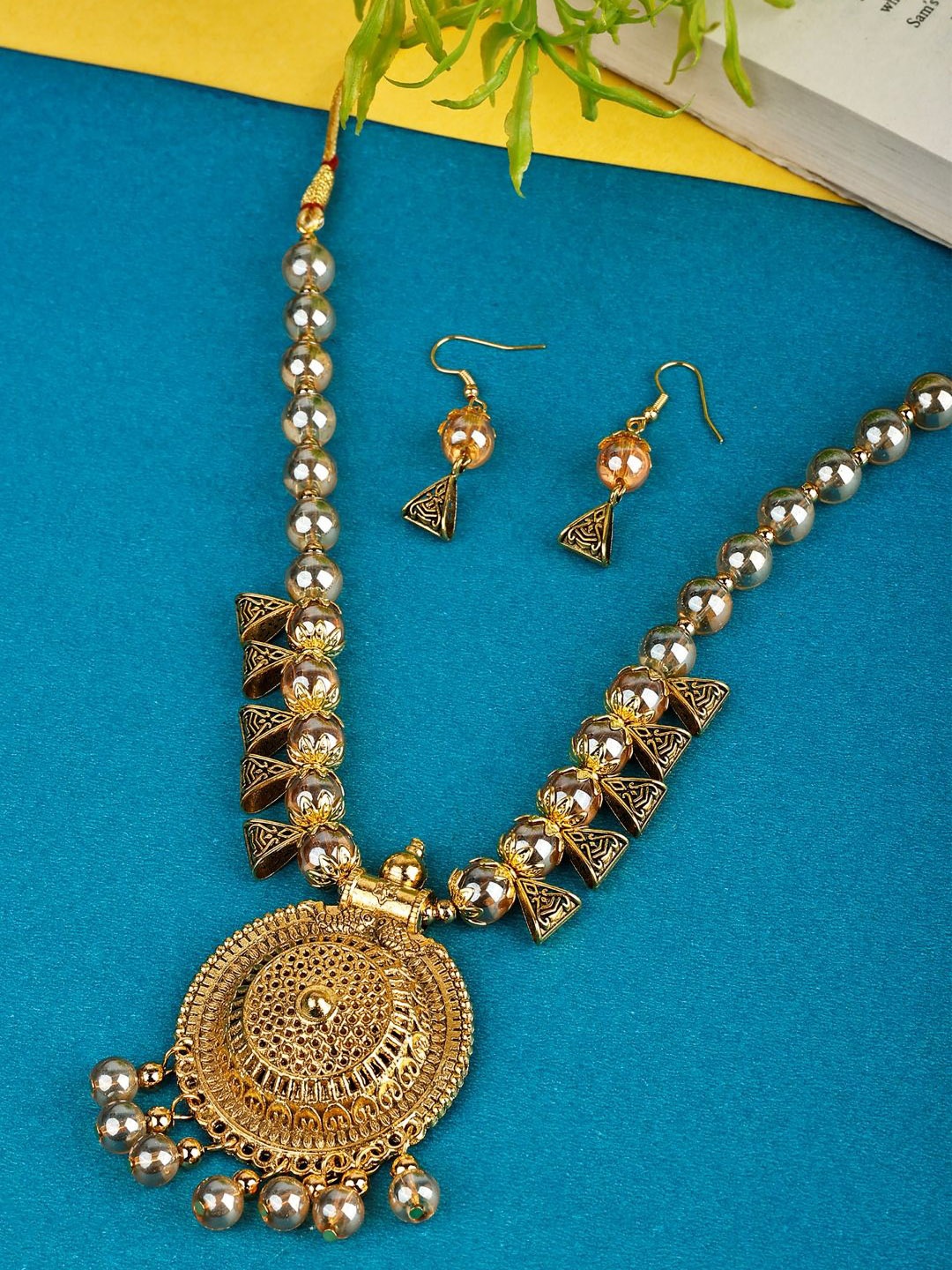 

SUNHARI Beads Studded Oxidised Jewellery Set, Gold