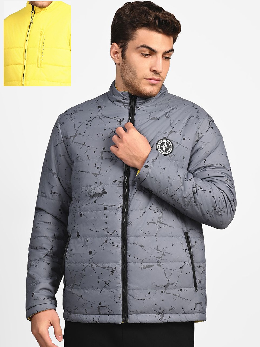 

Skechers Men Mock Collar Abstract Printed Casual Puffer Jacket, Grey