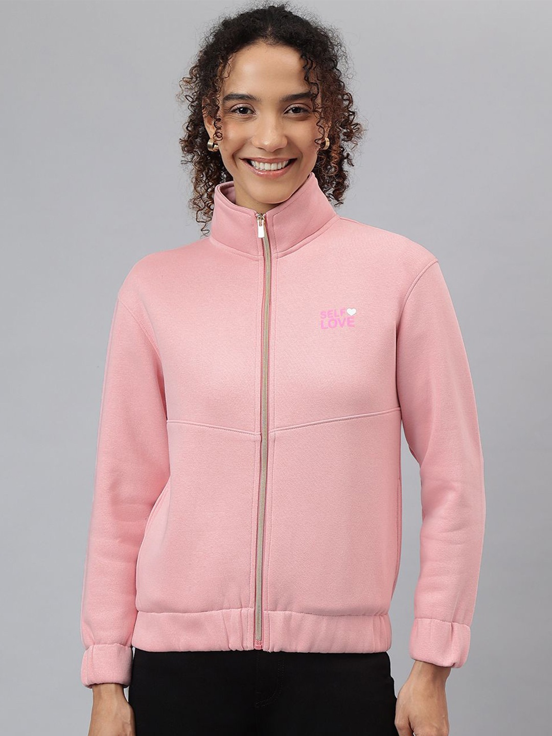 

Richlook Women High Neck Full Sleeves Front-Open Zip Closure Sweatshirt, Pink