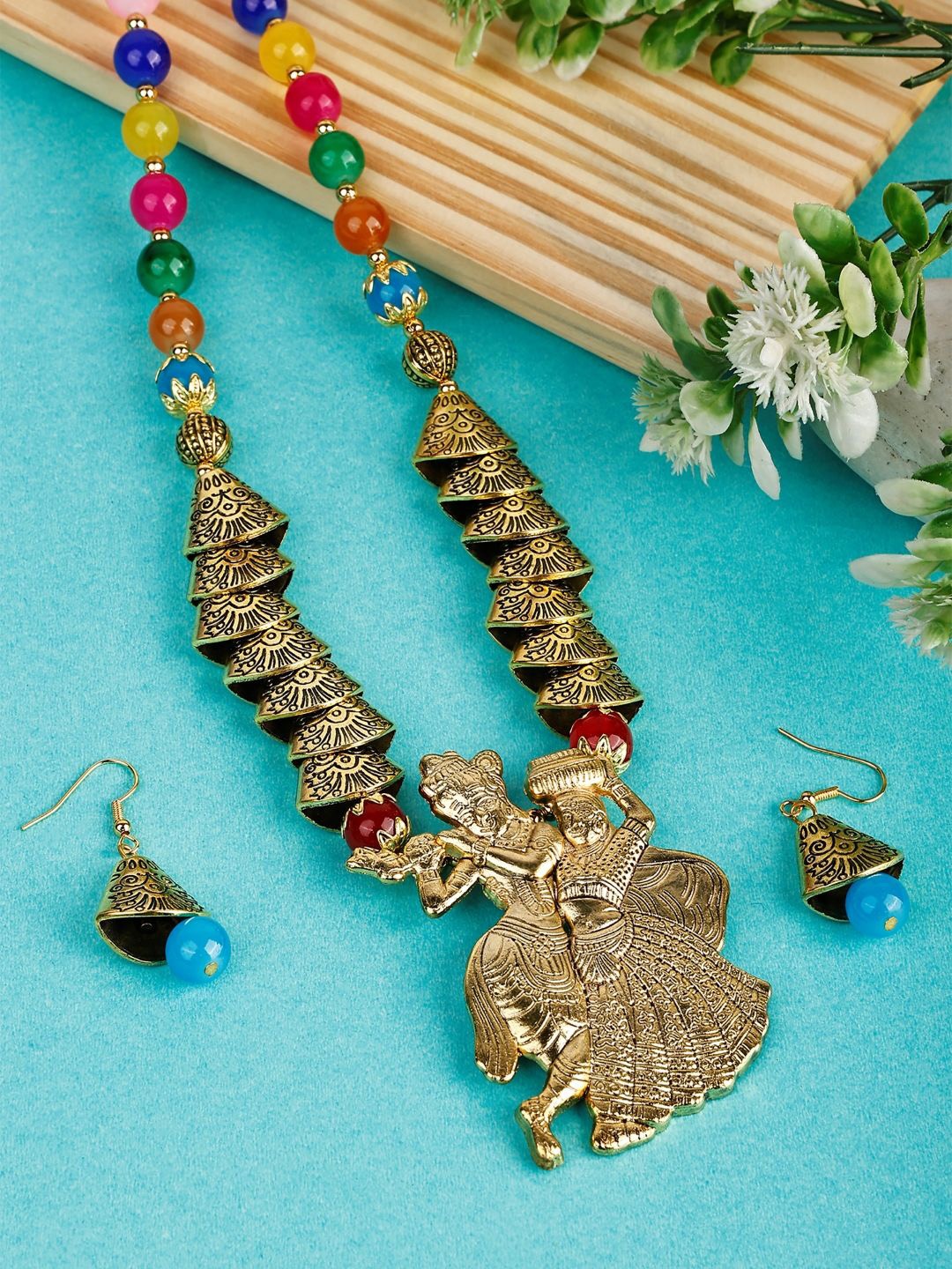 

SUNHARI Beaded Radha Krishna Jewellery Set, Gold