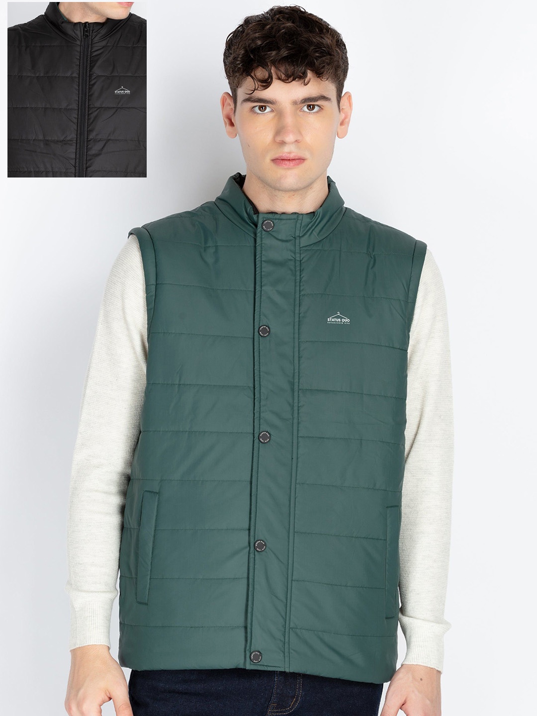 

Status Quo Men Mock Collar Solid Casual Padded Reversible Jacket, Green