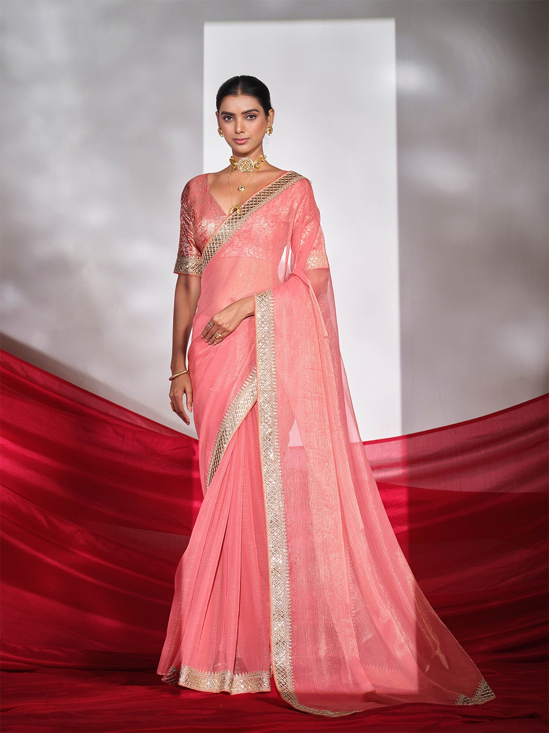 

TANNAH Embroidered Organza Saree, Peach