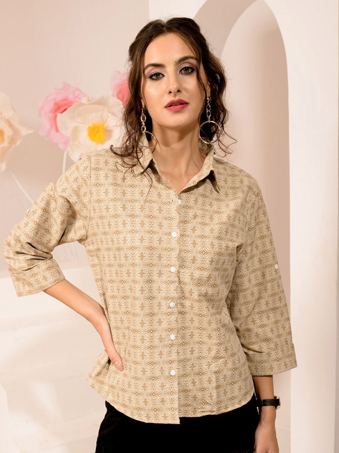 

BAESD Women Standard Spread Collar Abstract Printed Casual Shirt, Beige