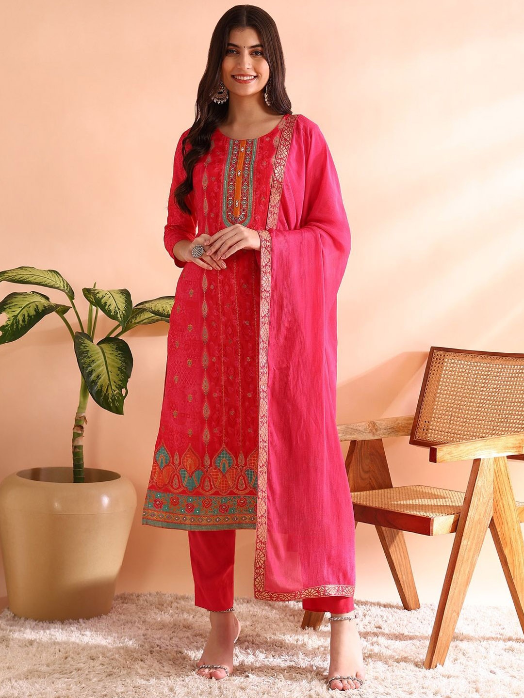 

AHIKA Pink Ethnic Motifs Printed Chanderi Silk Straight Kurta With Trousers & Dupatta