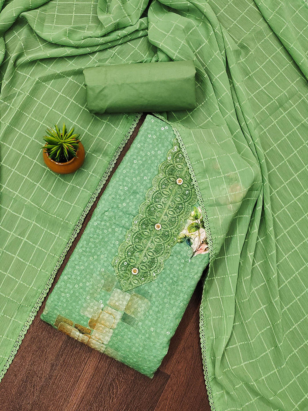 

MANVAA Floral Embroidered Unstitched Dress Material, Lime green