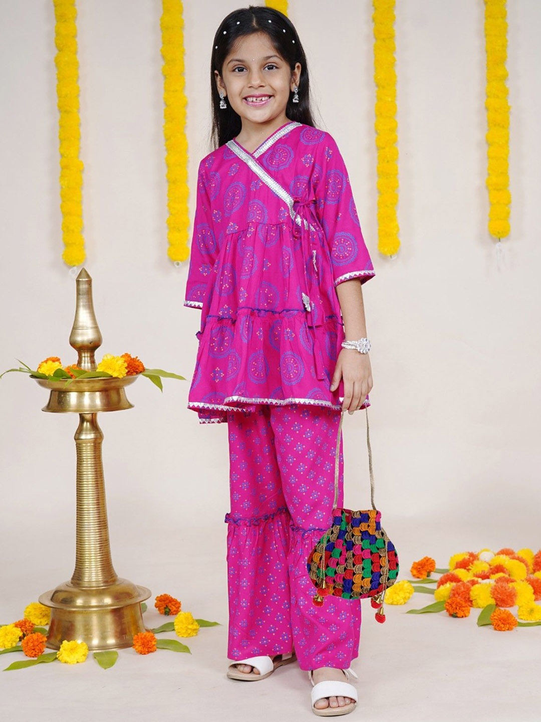 

KiddoPanti Girls Ethnic Motifs Printed Pure Cotton A Line Kurta with Sharara, Pink