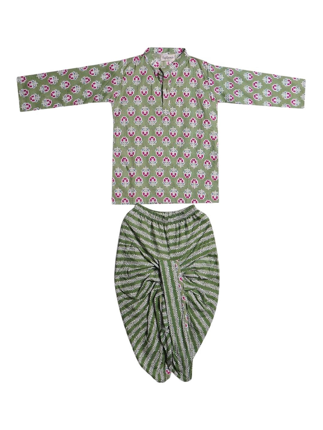 

Biglilpeople Boys Floral Printed Mandarin Collar Pure Cotton Kurta With Dhoti Pants, Green