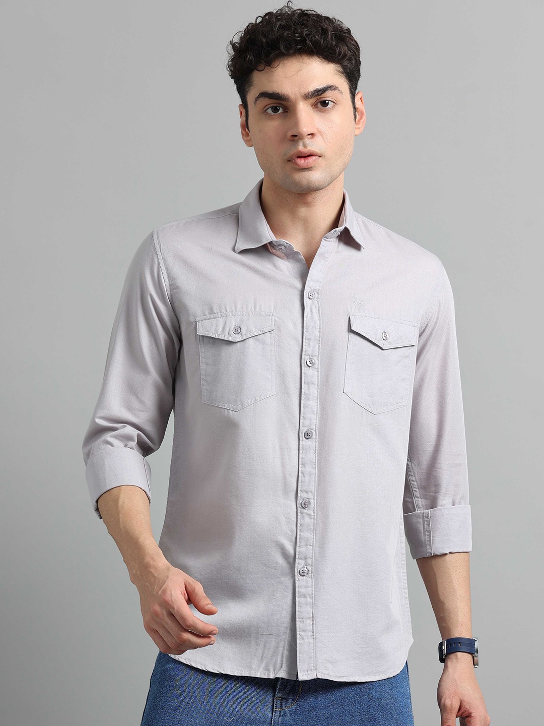 

SORATIA Men Spread Collar Solid Cotton Linen Casual Shirt, Grey melange