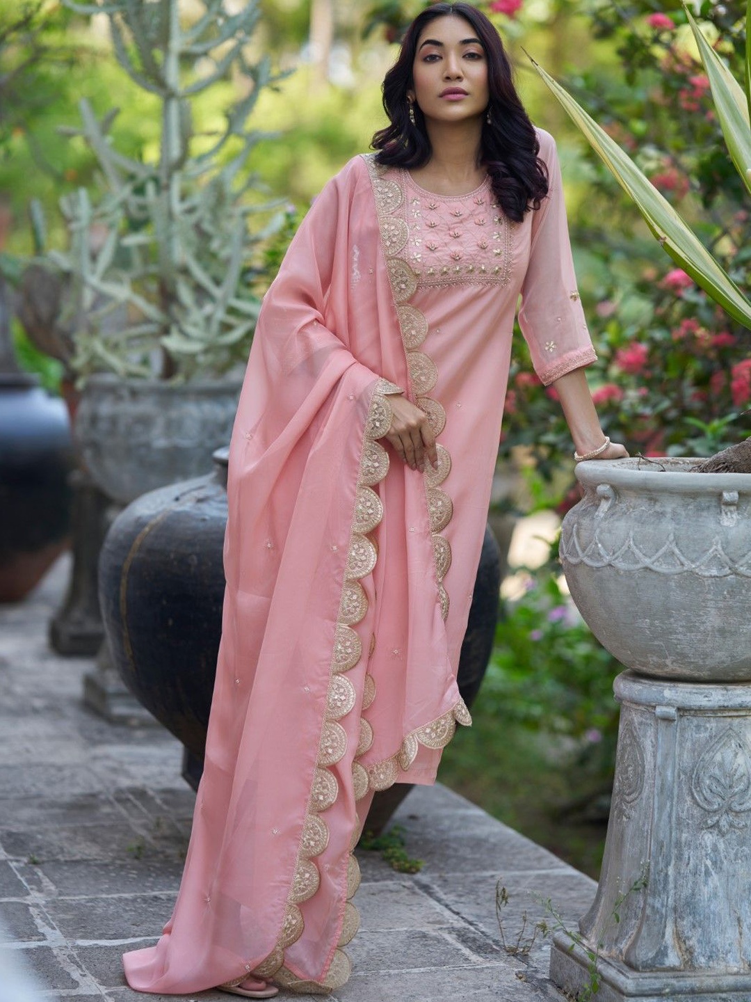 

HOUSE OF MIRA Floral Yoke Design Gotta Patti Organza Kurta With Palazzos & Dupatta, Peach