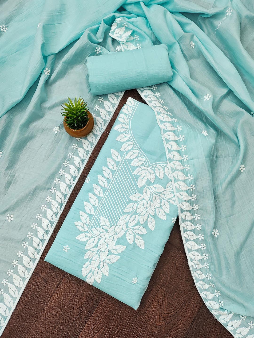 

MANVAA Floral Embroidered Unstitched Dress Material, Turquoise blue