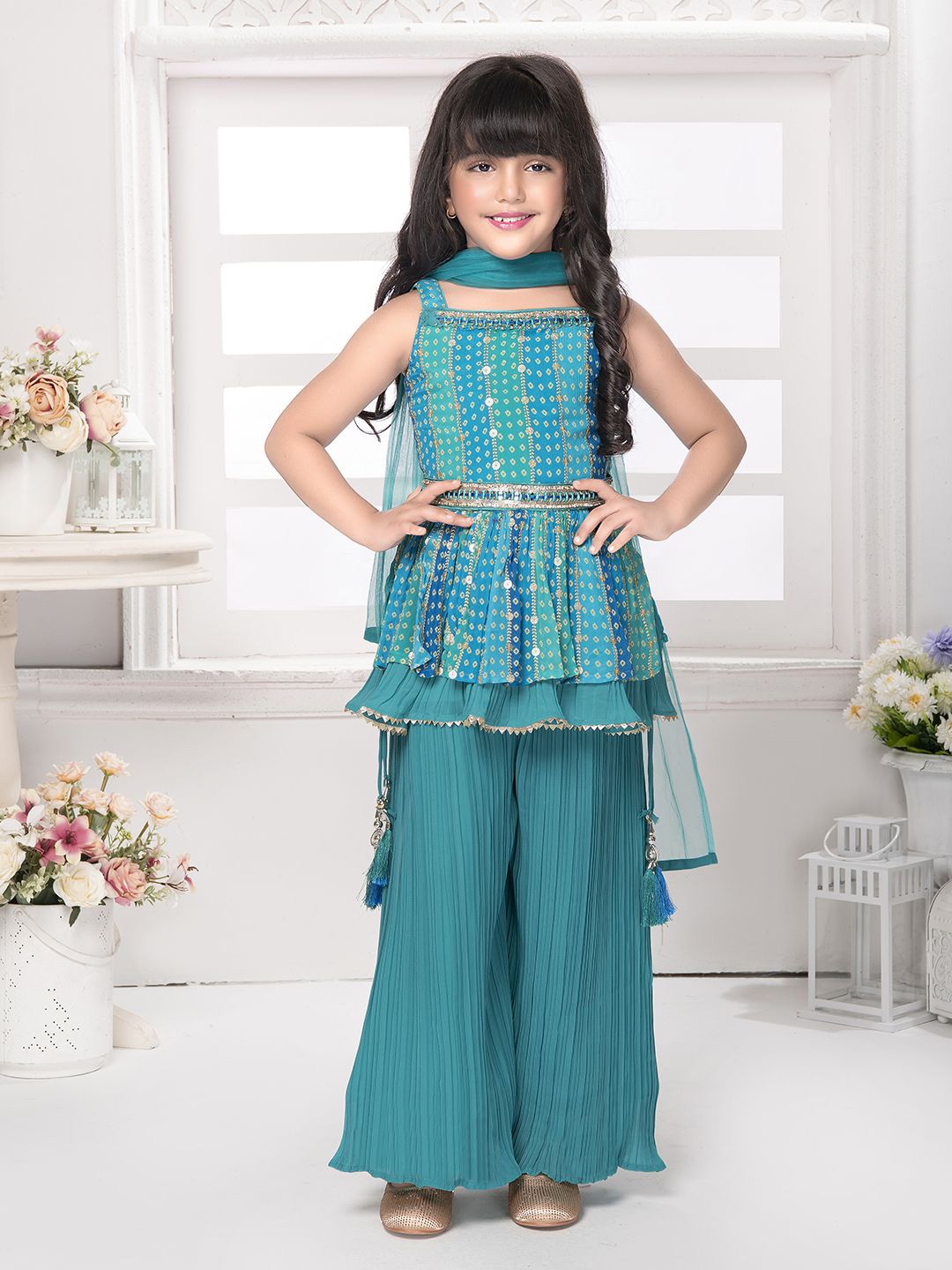 

Tiny Kingdom Girls Printed Square Neck Sleeveless Top With Palazzo With Dupatta, Blue