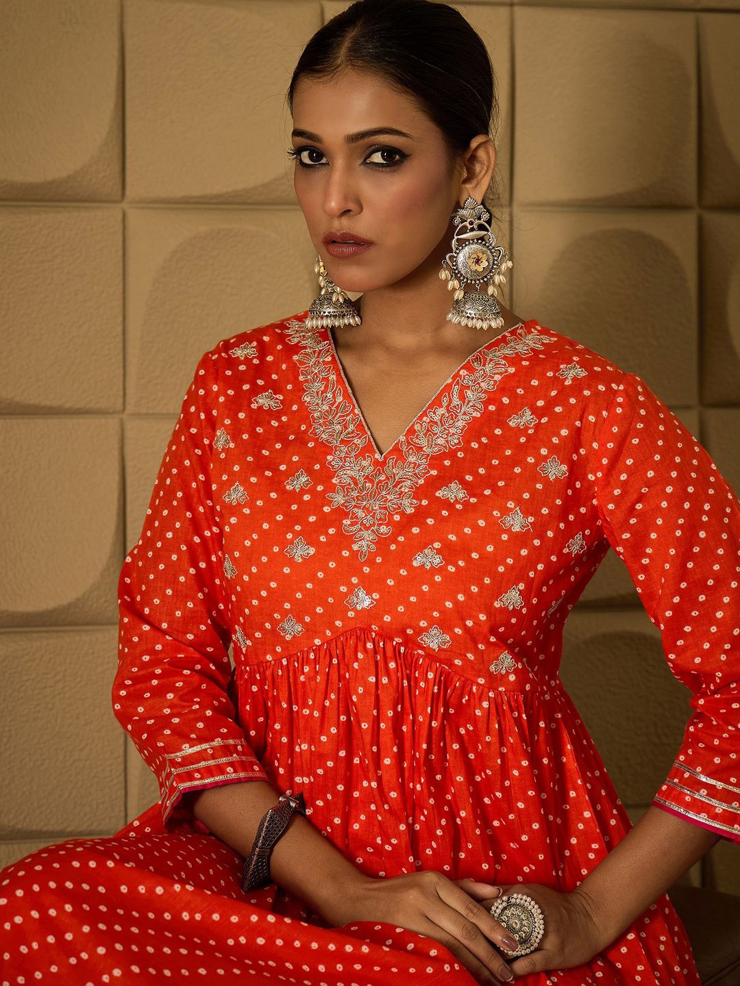 

Indo Era Bandhani Embroidered Empire Sequined A-Line Pure Cotton Kurta With Trousers, Orange