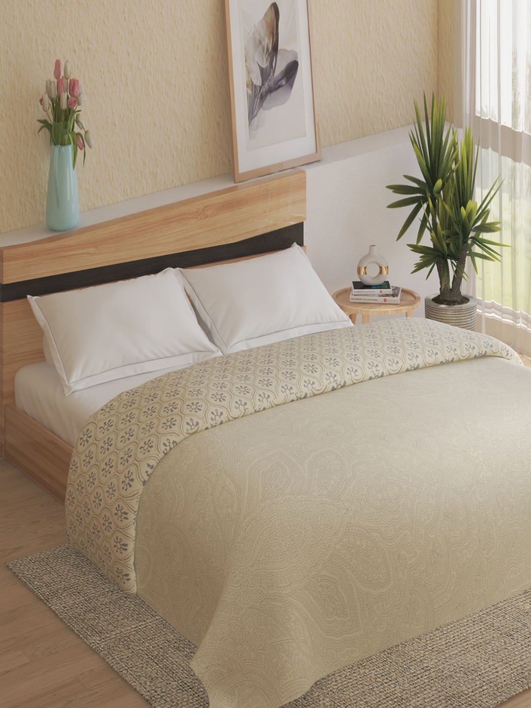 

Home Centre Oxford Damask Beige & Grey Floral Reversible 120 GSM Double Bed Comforter