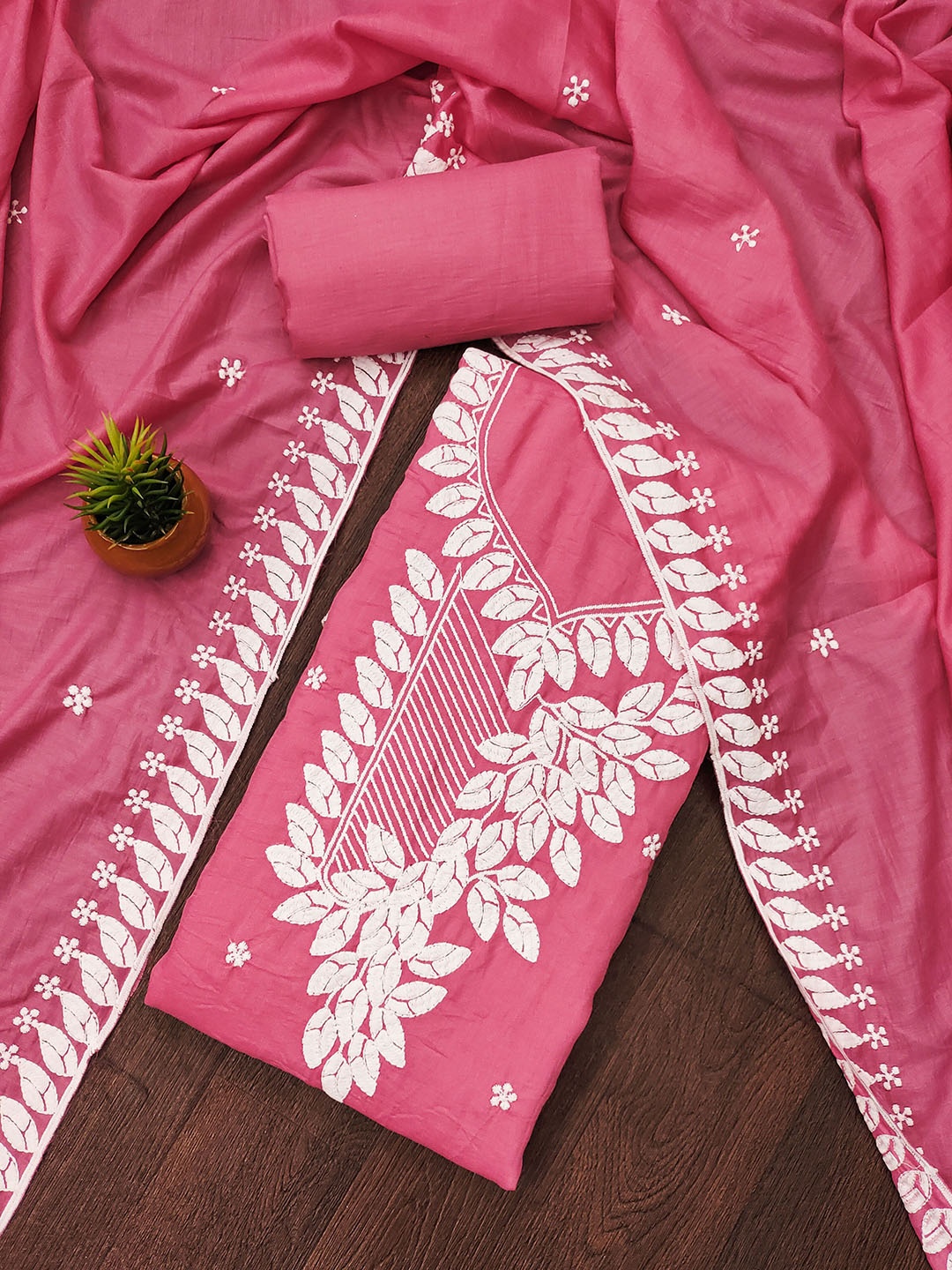 

MANVAA Floral Embroidered Unstitched Dress Material, Pink