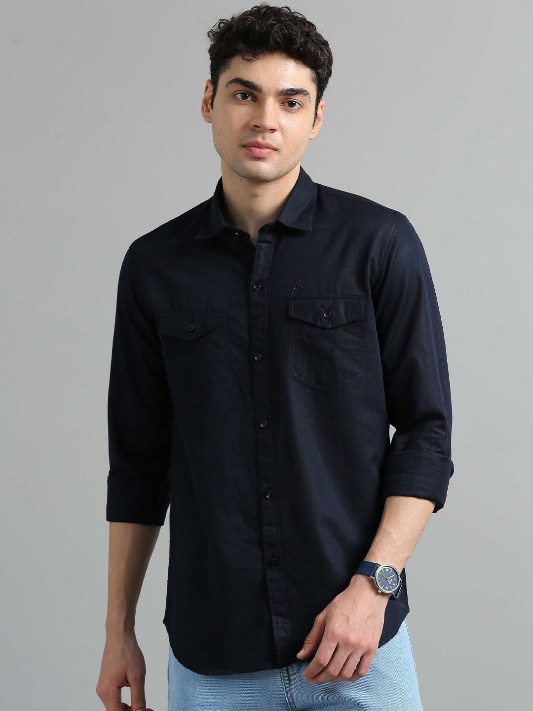 

SORATIA Men Spread Collar Solid Cotton Linen Casual Shirt, Navy blue