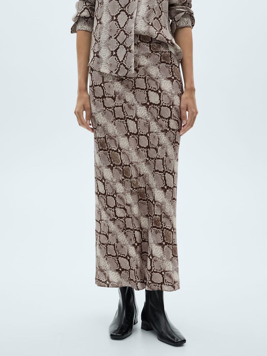 

MANGO Women Animal Printed Straight Midi Skirt, Brown