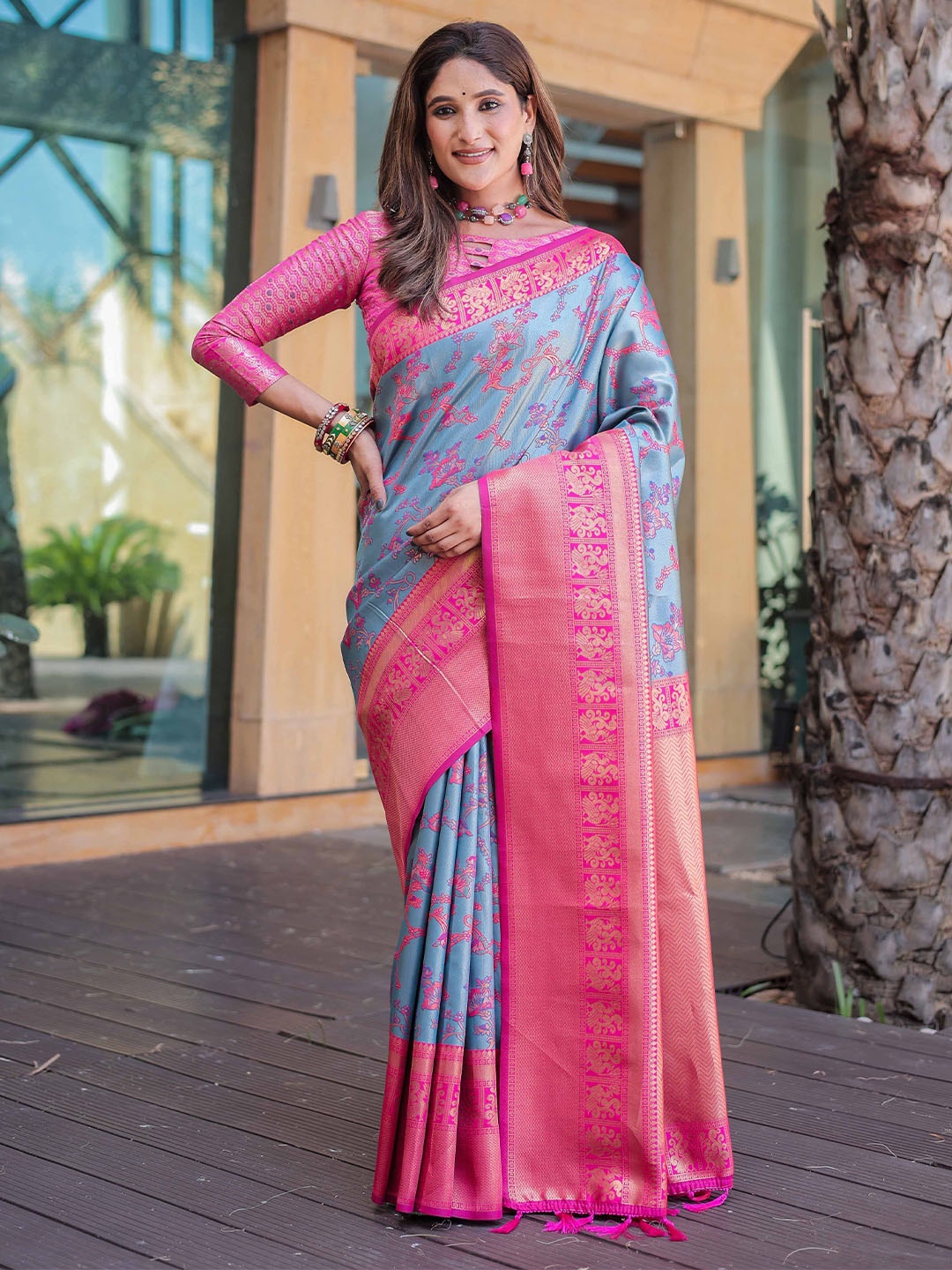 

KIMISHA Woven Design Zari Dharmavaram Saree, Blue