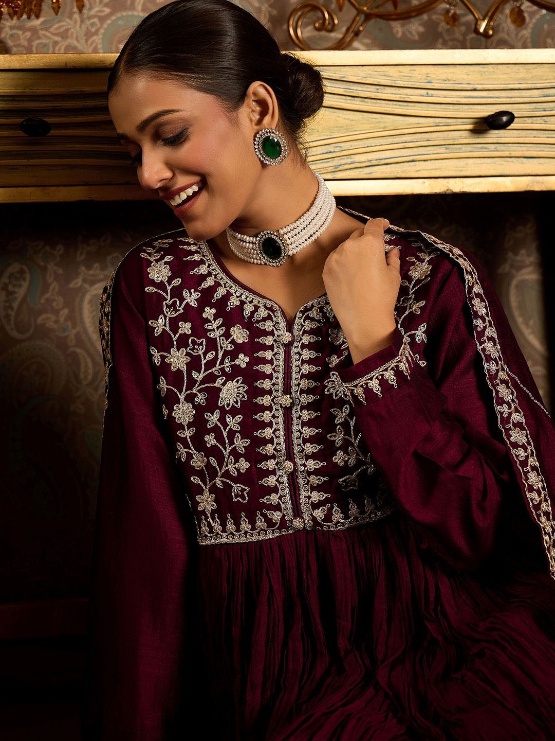 

Indo Era Floral Zari Embroidered Pleated A-Line Kurta with Trouser & Dupatta, Burgundy