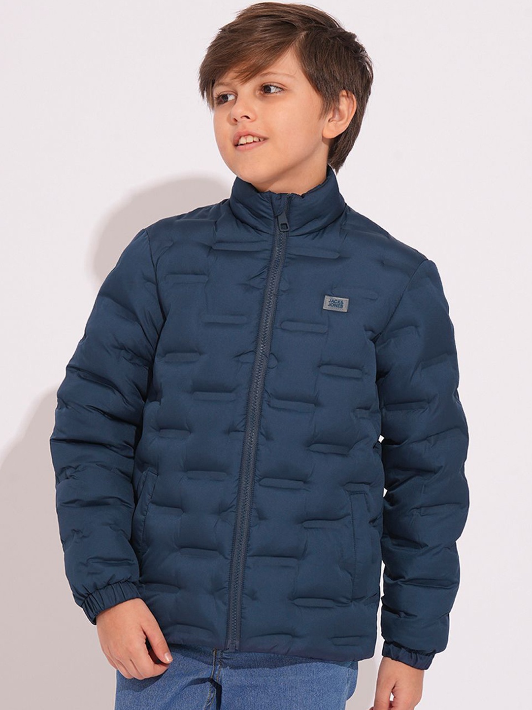 

Jack & Jones Junior Boys Mock Collar Solid Casual Puffer Jacket, Navy blue