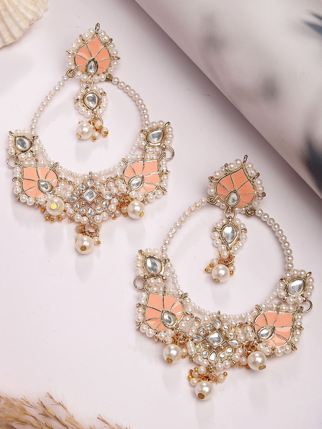 

KARATCART Gold Plated Peach Enamel Kundan Drop Earrings