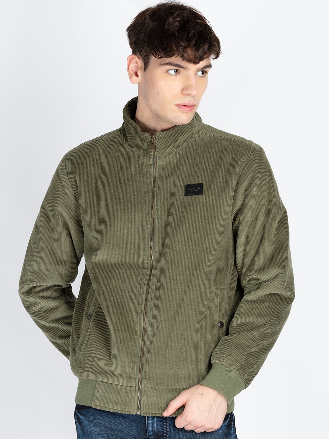 

Status Quo Men Mock Collar Solid Casual Bomber Jacket, Olive