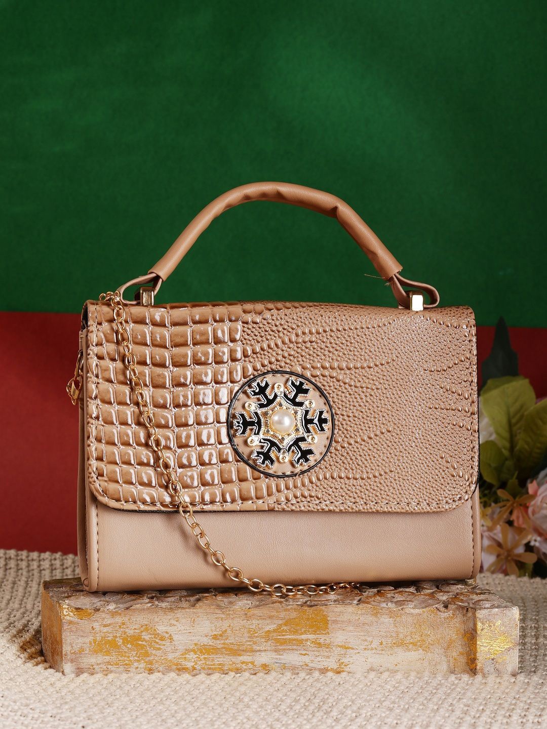 

SAZARA Women Textured Structured Handheld Bag, Beige