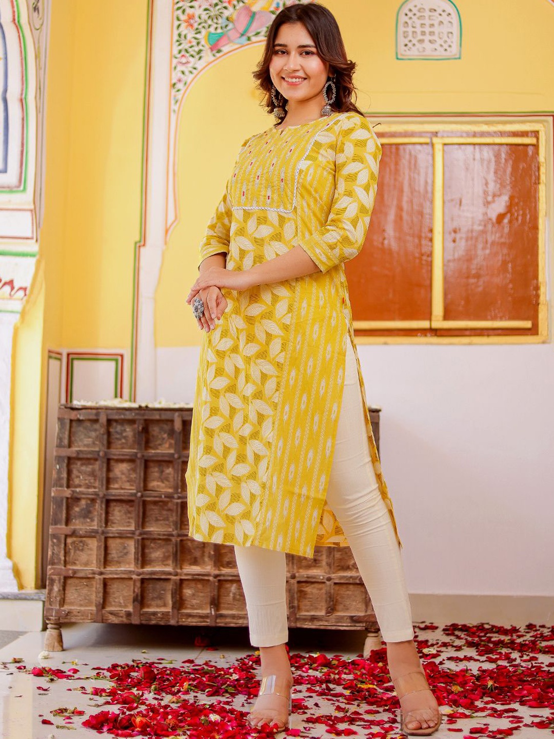 

Chandbaali Floral Printed Sequinned Regular Cotton Straight Kurta, Yellow