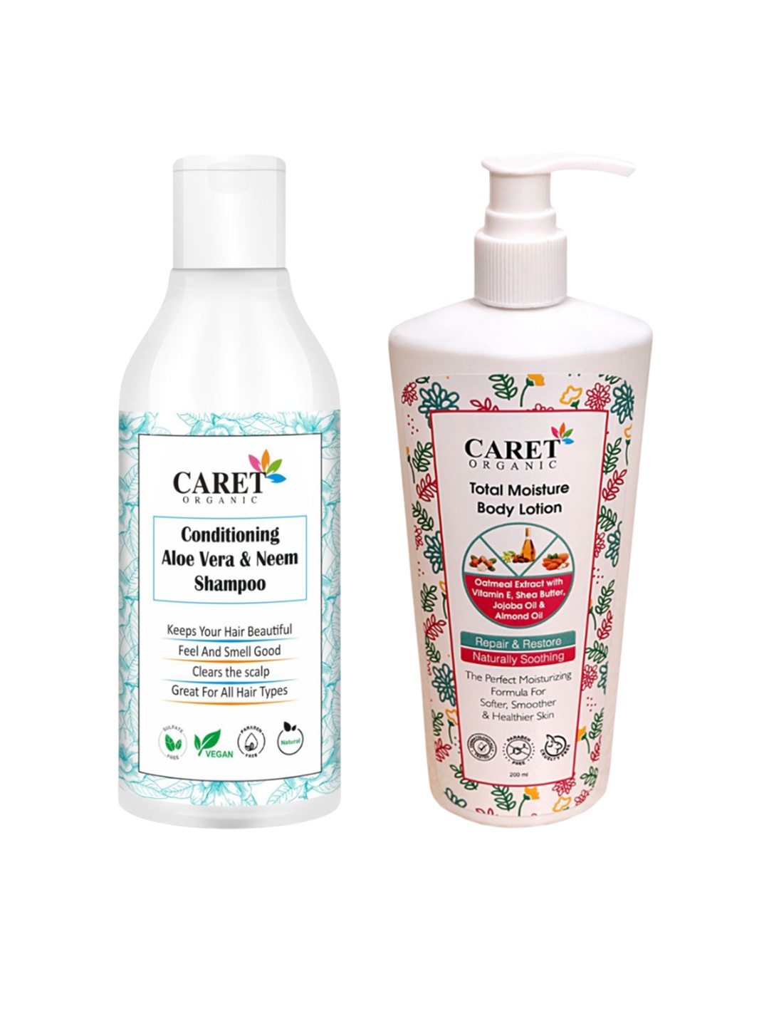 

CARET ORGANIC Set Of Aloevera Neem Shampoo 300ml & Total Moisture Body Lotion 200ml, White