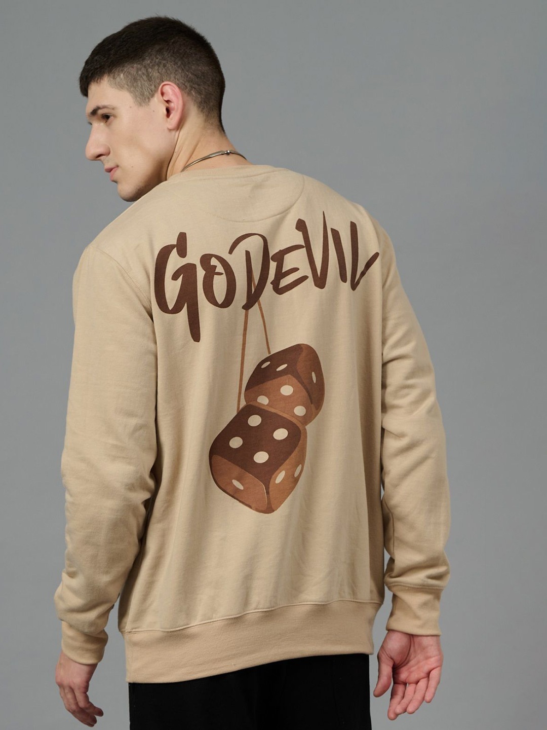 

GO DEVIL Men Graphic Printed Pullover Sweatshirt, Beige