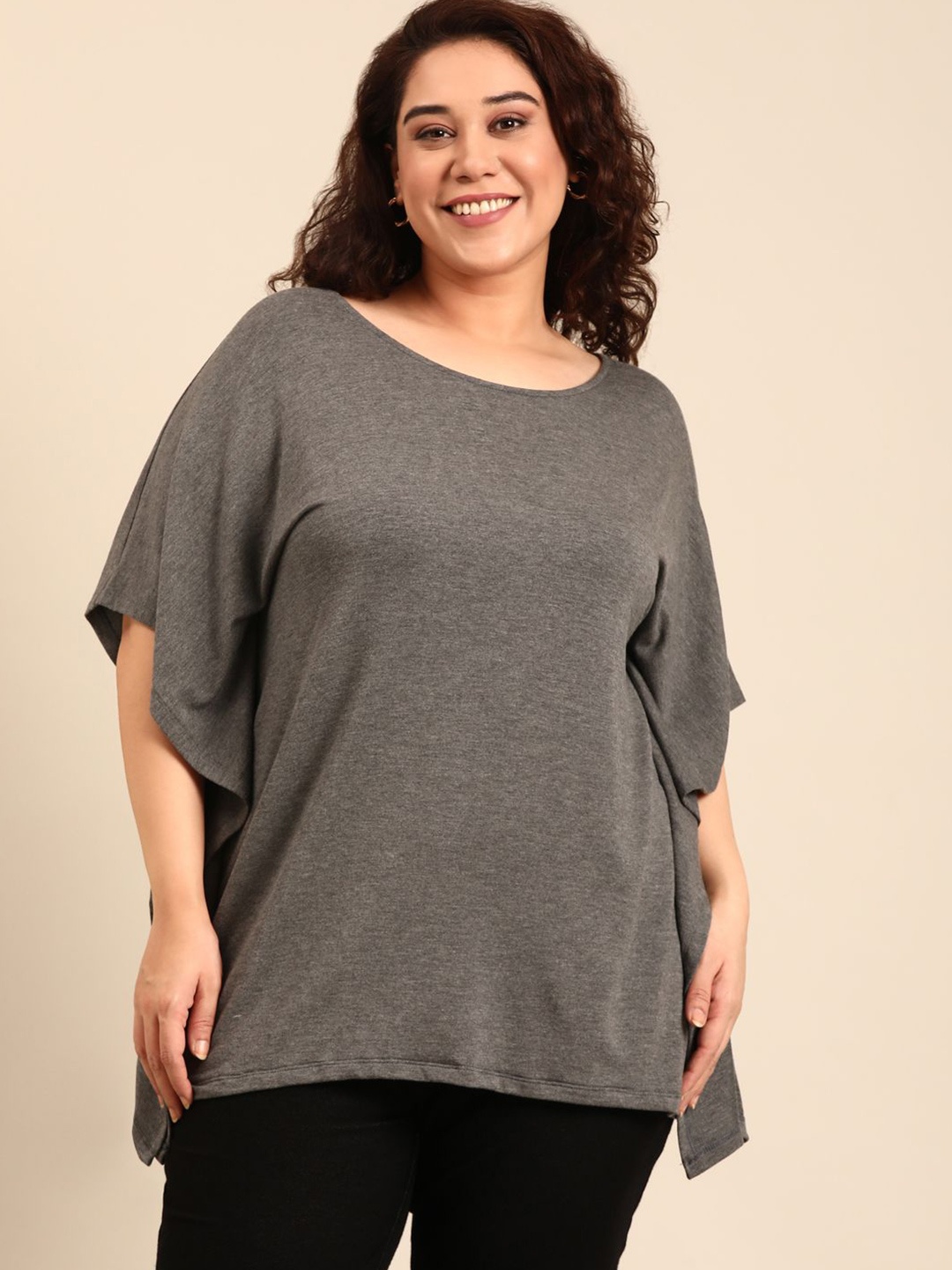 

The Pink Moon Women Kimono Sleeve Plus Size Kaftan Top, Grey