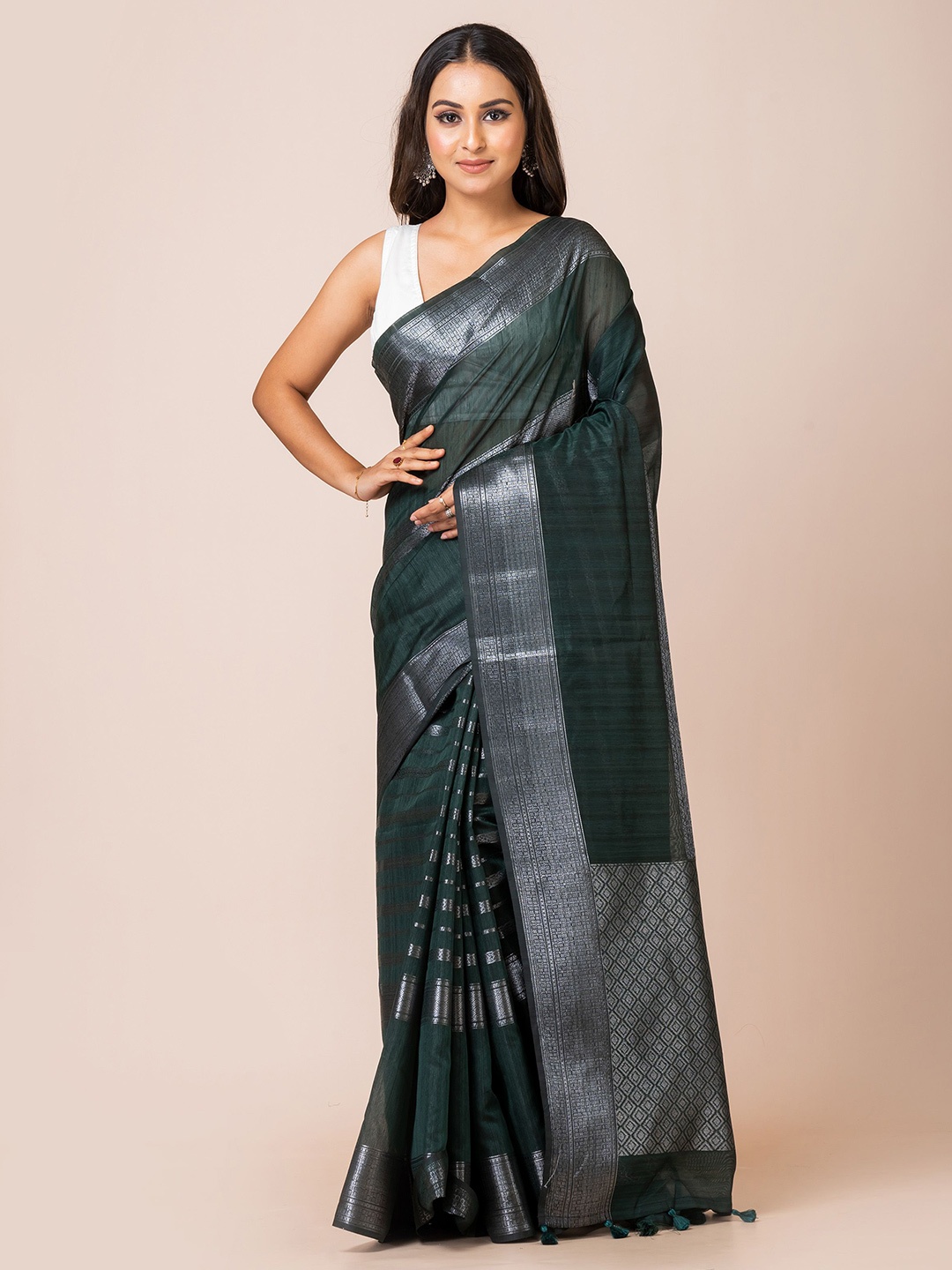

KAVVYA Striped Woven Design Zari Banarasi Saree, Green