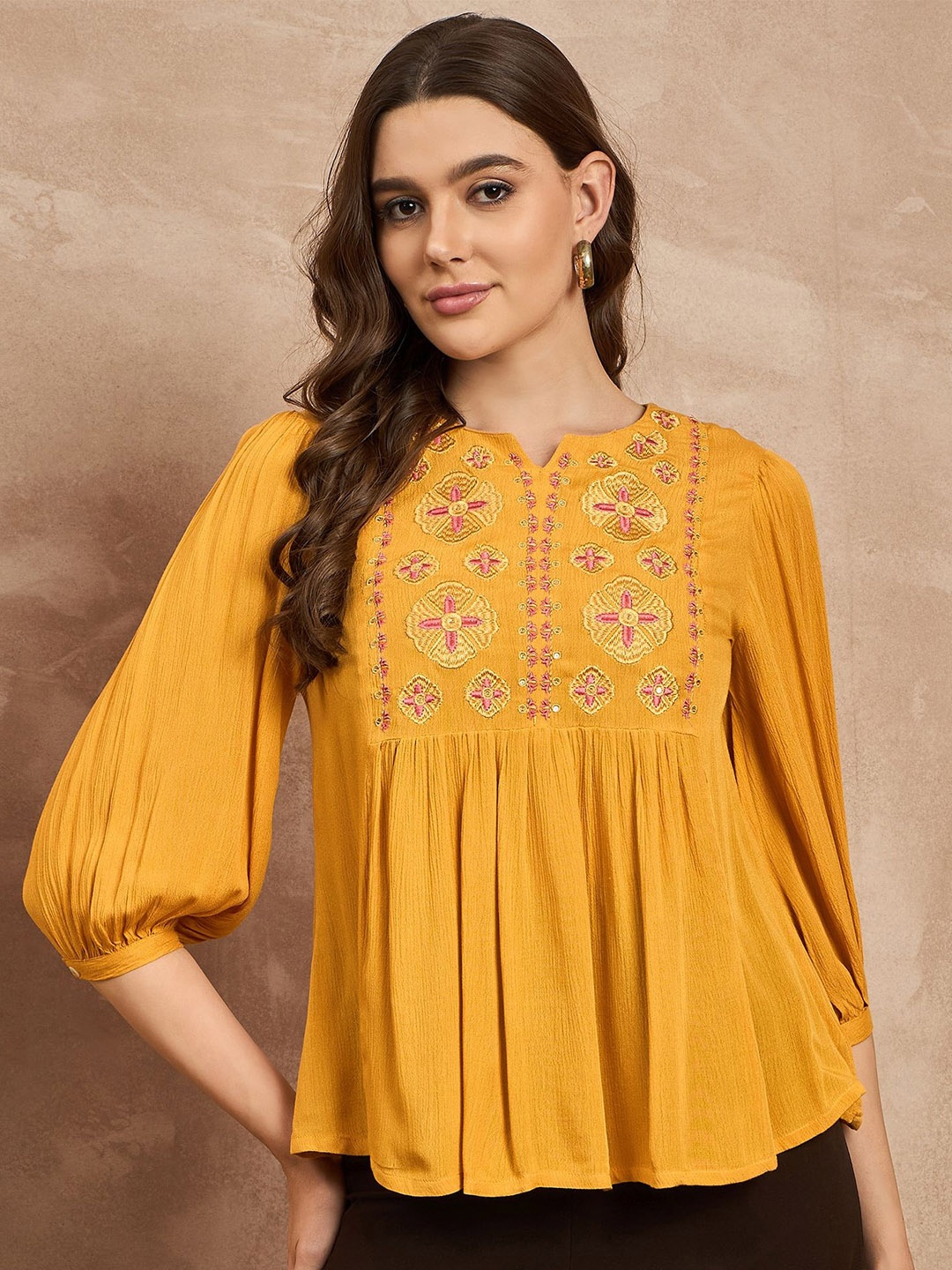 

all about you Women Floral Embroidered Ethnic Crepe Top, Mustard