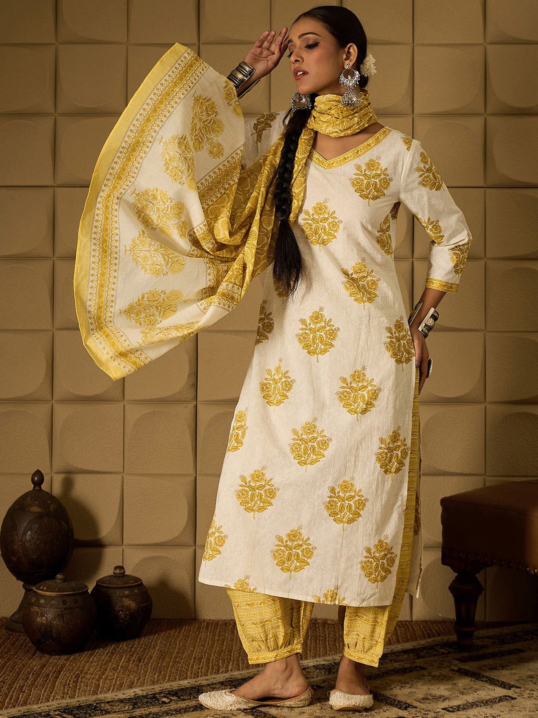 

Indo Era Floral Printed V-Neck Pure Cotton Straight Kurta With Salwar & Dupatta, White