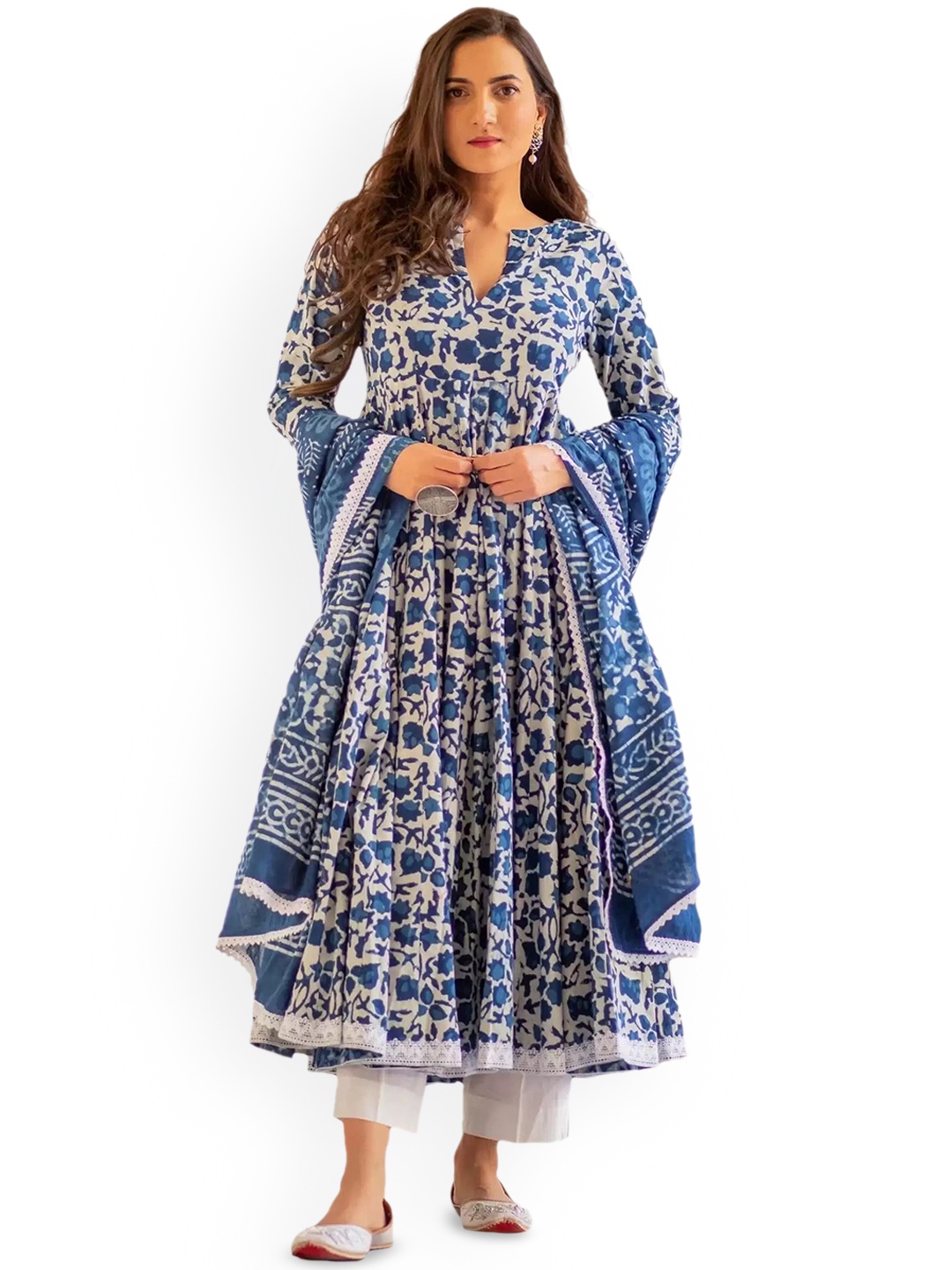 

SGRF Floral Printed Pleated Kurta with Trouser & Dupatta, Blue