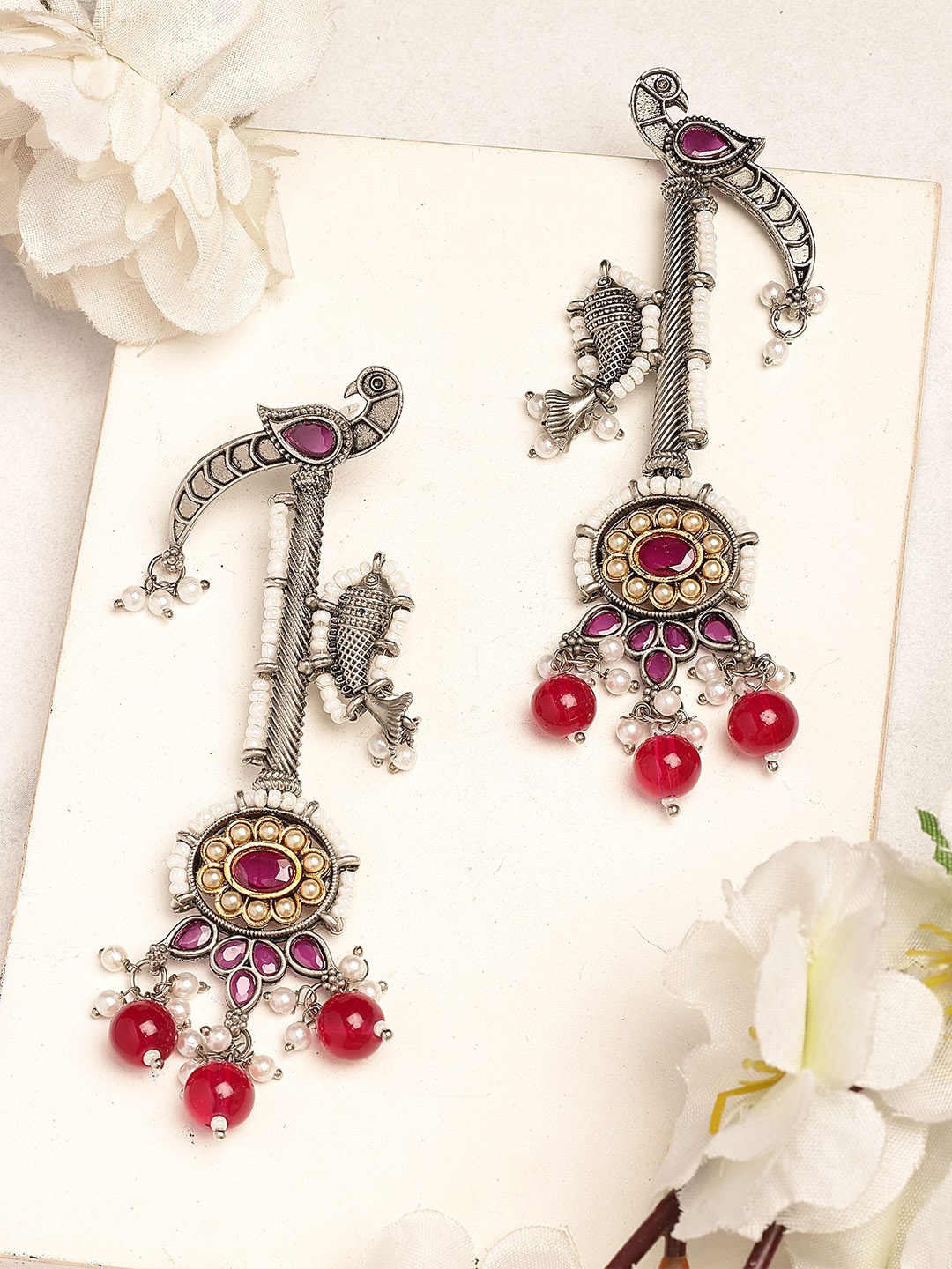 

KARATCART Silver-Plated Kundan Studded Peacock Design Tribal Drop Earrings
