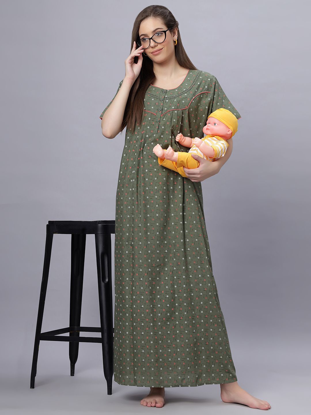 

QUIRA Women Printed Round Neck Short Sleeves Maternity Maxi Nightdress, Green