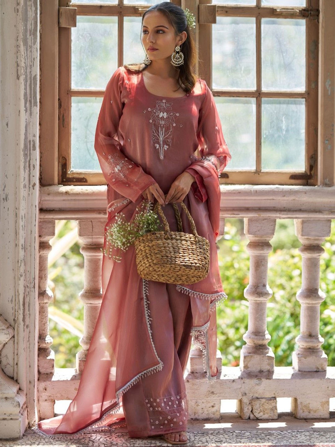 

HOUSE OF MIRA Floral Embroidered Beads and Stones Kurta with Palazzos & Dupatta, Rust